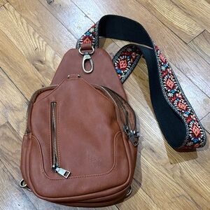 Antik Kraft faux Brown Leather Crossbody Sling Bag with long guitar Strap
